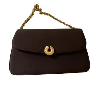 Vintage Kenneth Jay Lane Bag Brown Linen Gold Chain Handle and Crossbody Strap